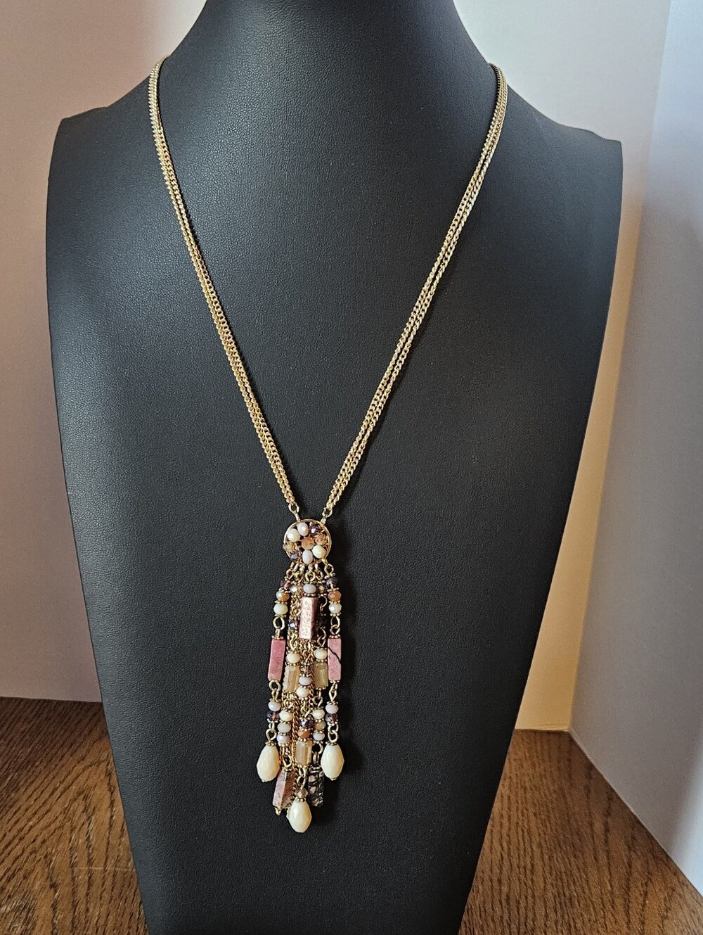 Long Gold Tone Multi Strand Fringe Tassel Pendant Necklace Pink Beaded Stone 21"